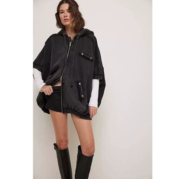 Free People We The Free What's Next Poncho Vest Jacket Hoodie Cotton L 282673 - Picture 2 of 9